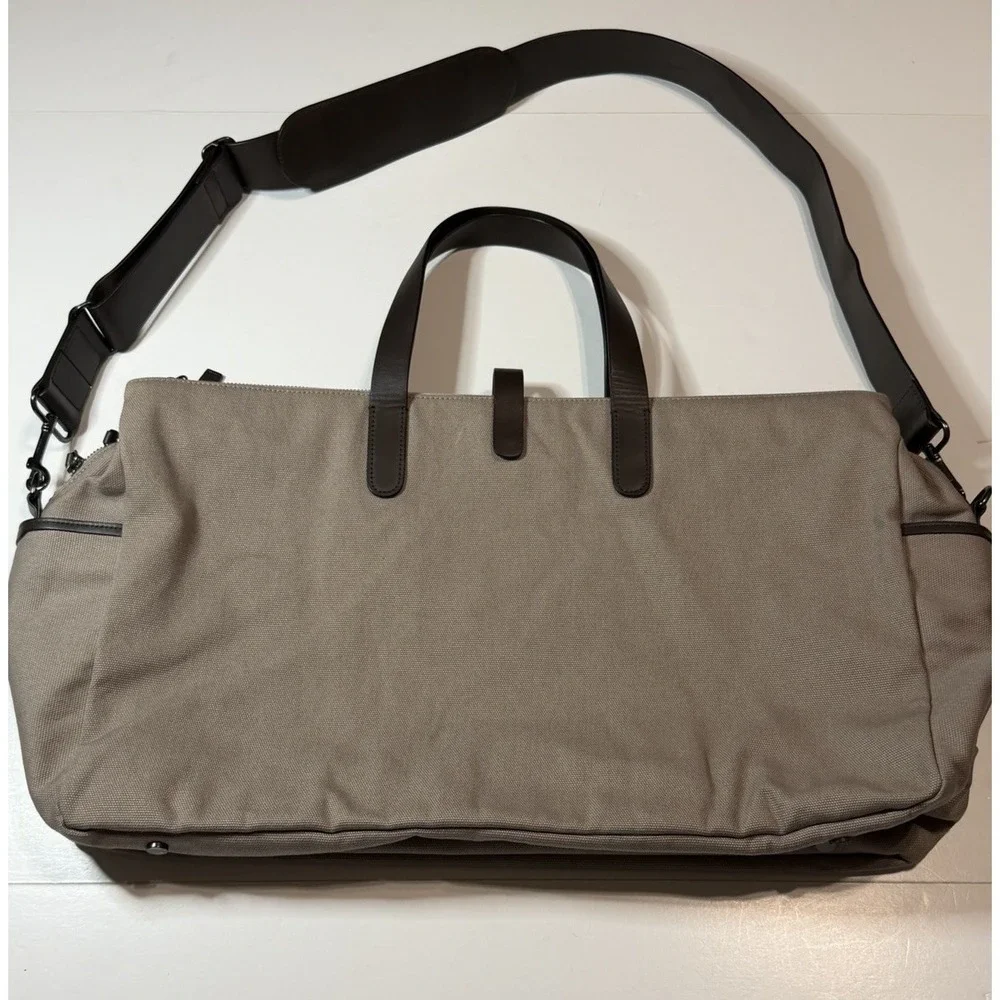 Cuyana Mens Triple Zipper Weekender Canvas/Leather Trim Travel Brown Bag